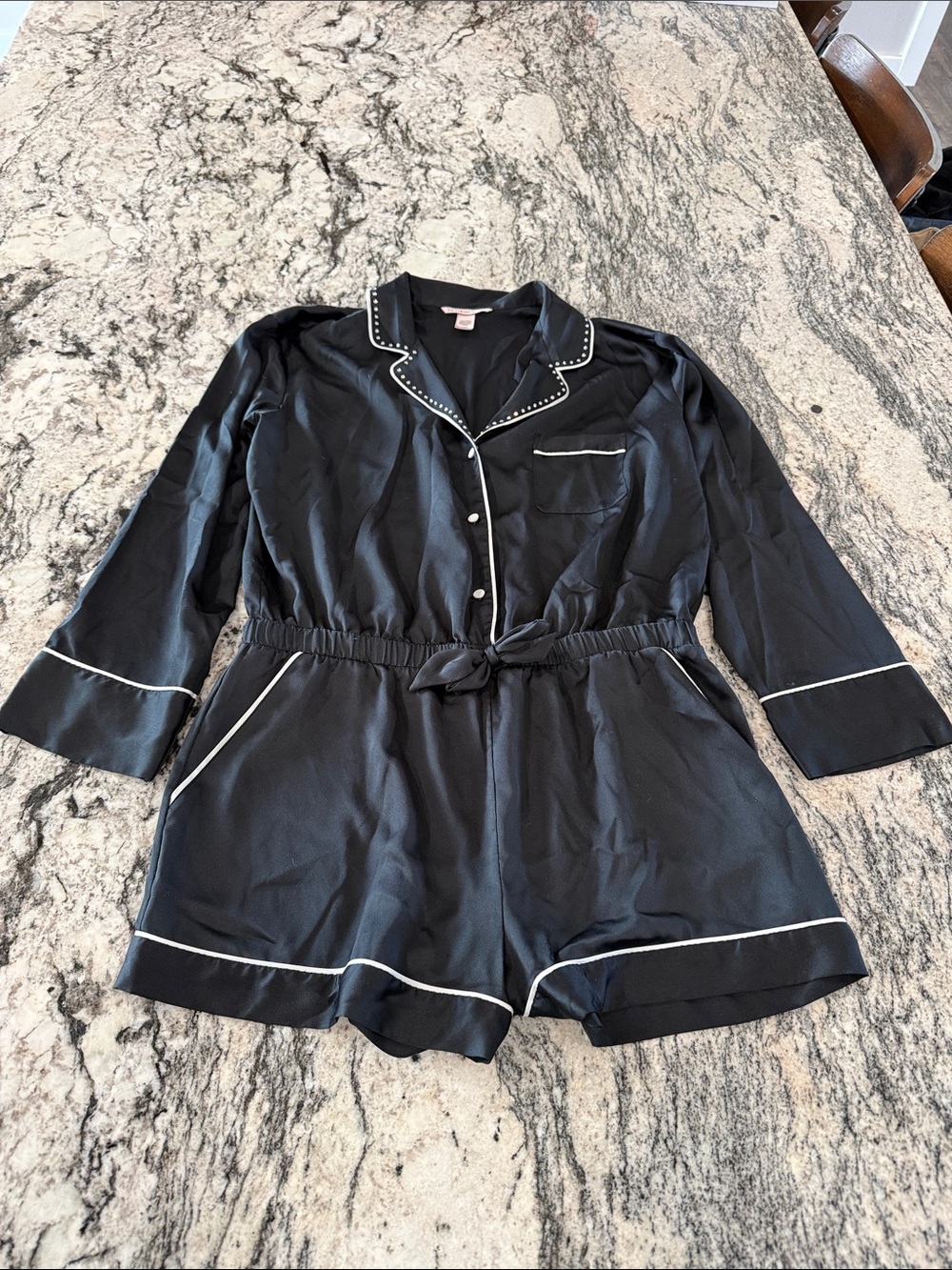 Victoria's Secret Black Short Satin Pajama Romper with White Piping
